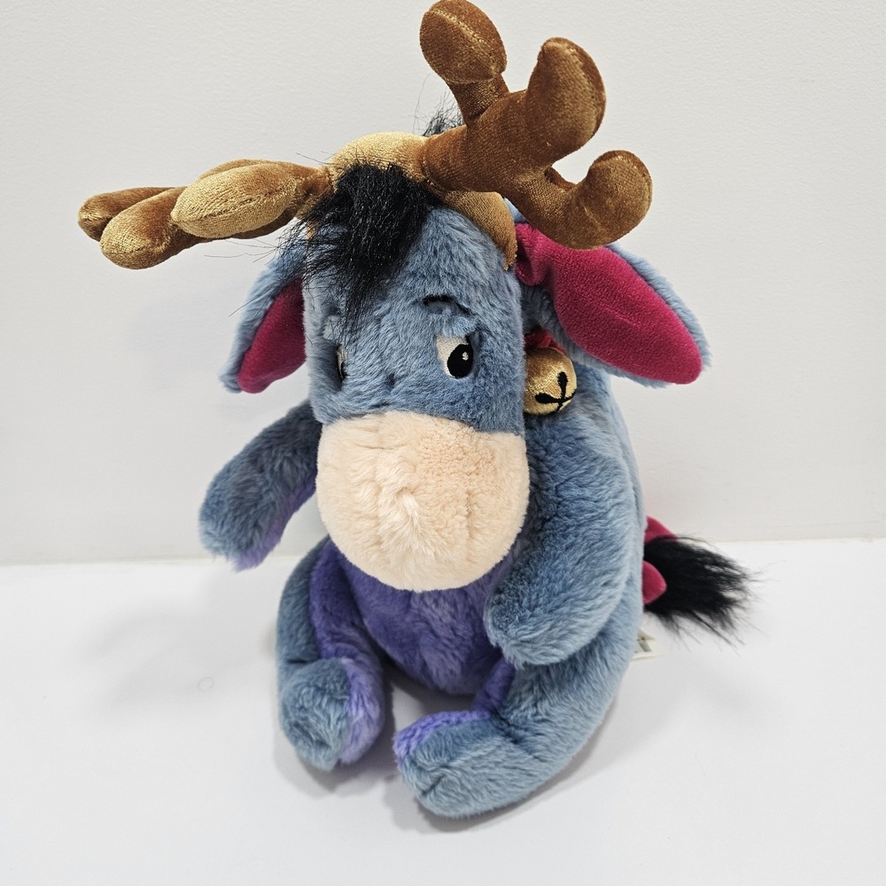 Disney Store Eeyore 12" Plush Wearing Reindeer Antlers Bells Holiday Christmas